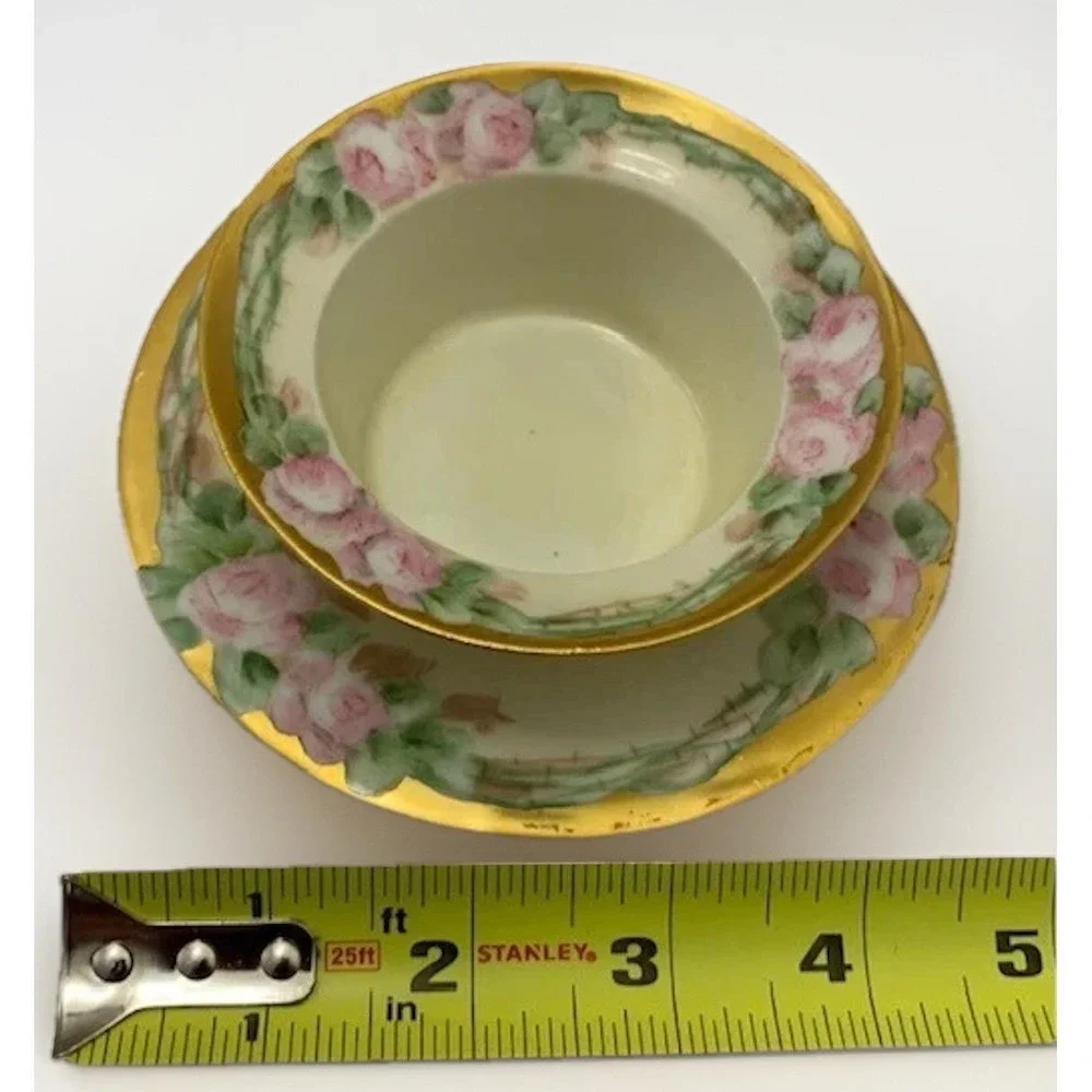 Antique Ramekin and Saucer Weimar Regency Side Dish Hand Painted Gold Rose VTG
